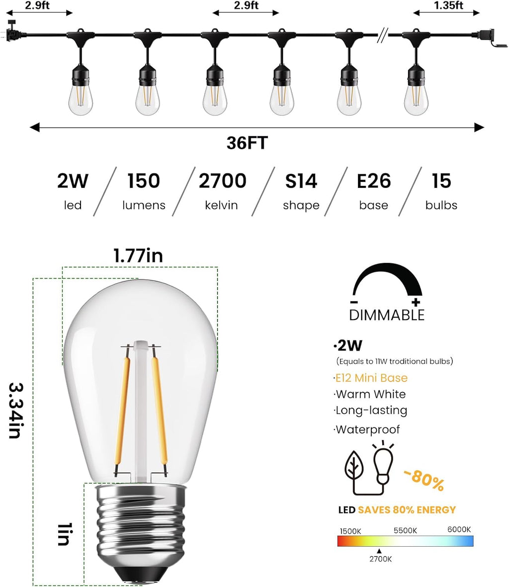 36FT Commercial Edison Outdoor String Lights