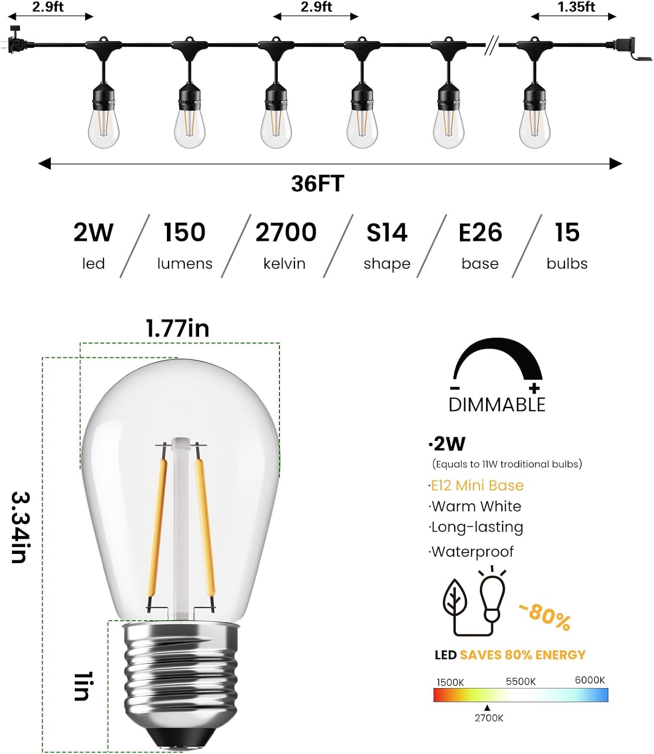 36FT Commercial Edison Outdoor String Lights