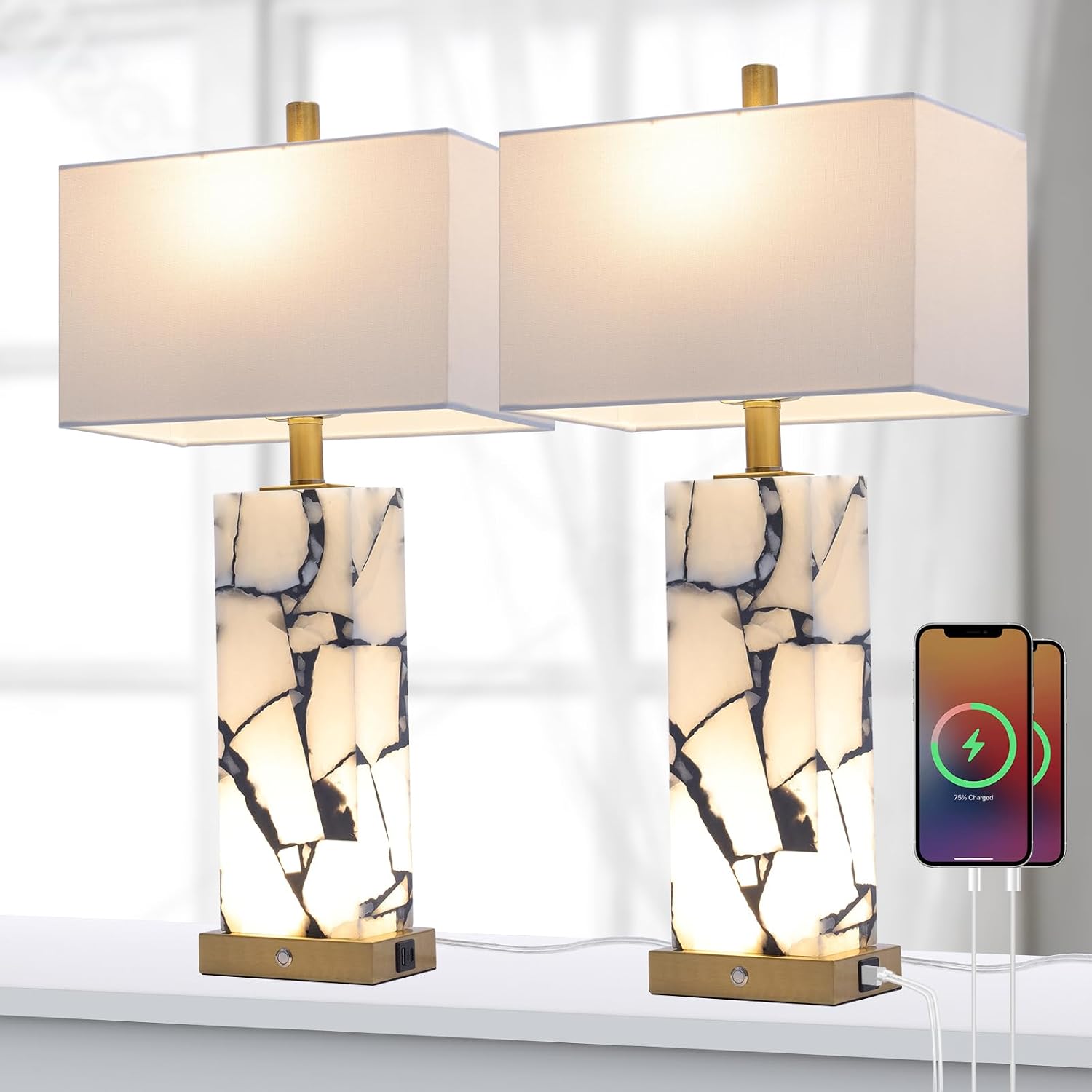2 USB Alabaster Marble Table Lamps