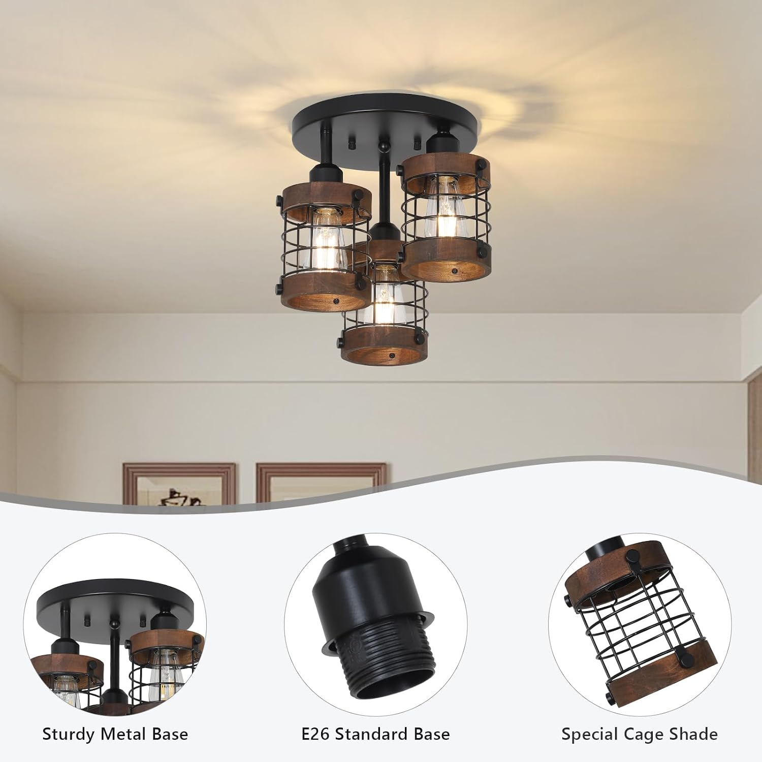 3-Light Wood Cage Ceiling Light