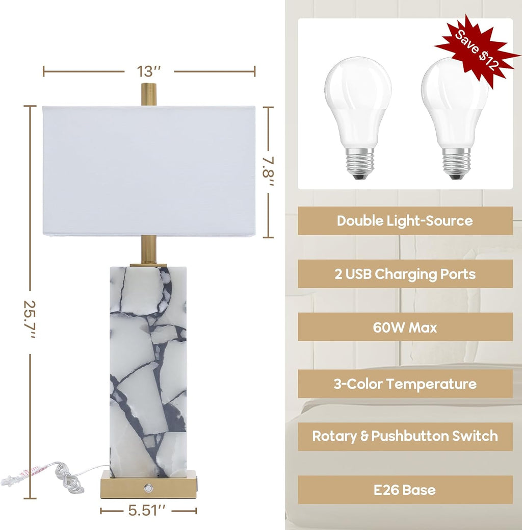 2 USB Alabaster Marble Table Lamps