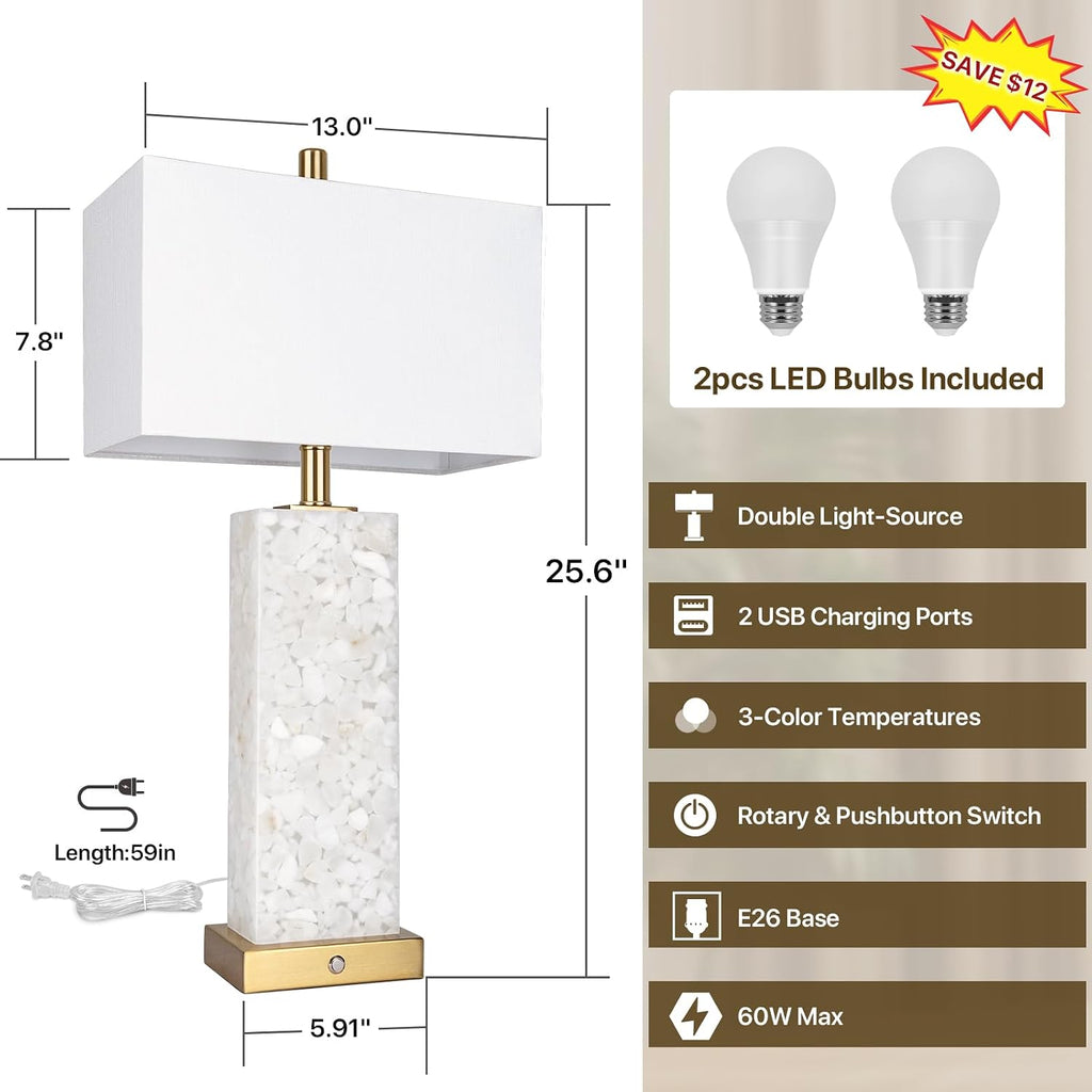 2 Alabaster Marble USB Table Lamps