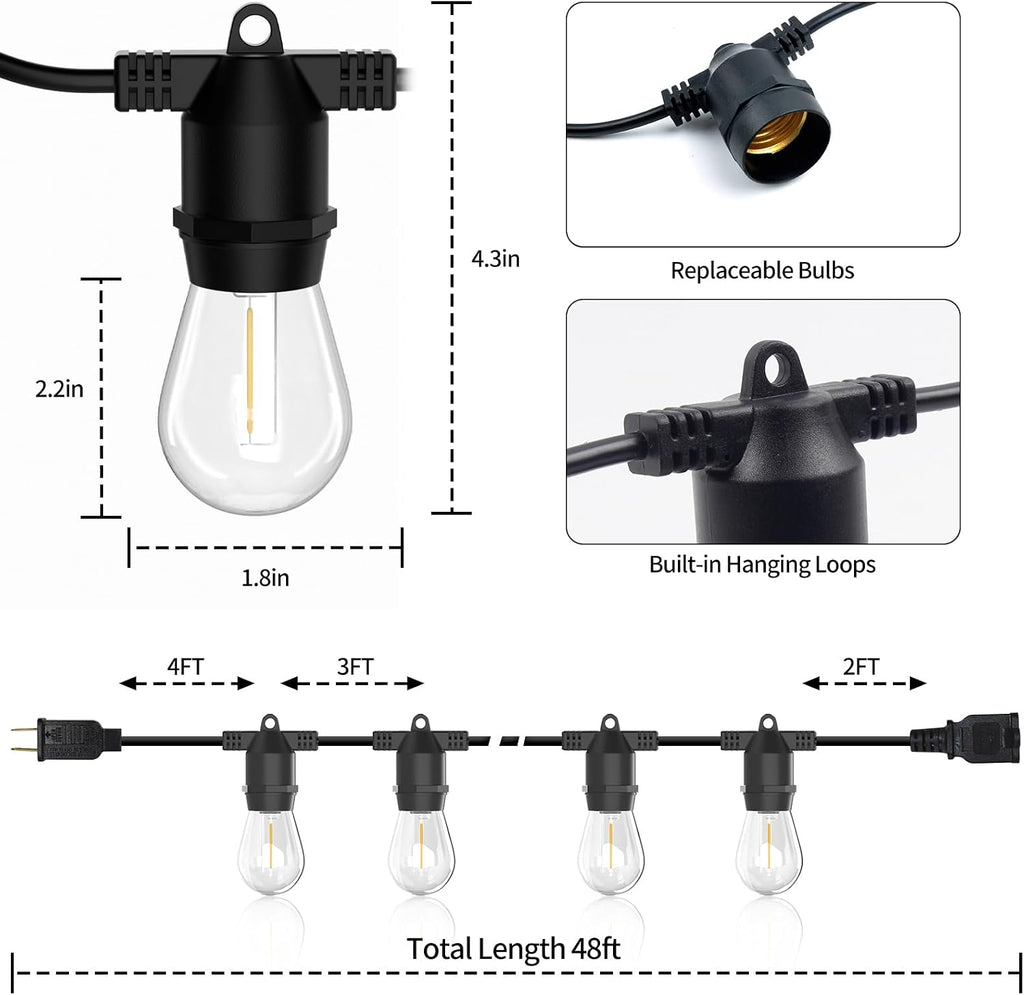48FT S14 Vintage LED Outdoor String Lights