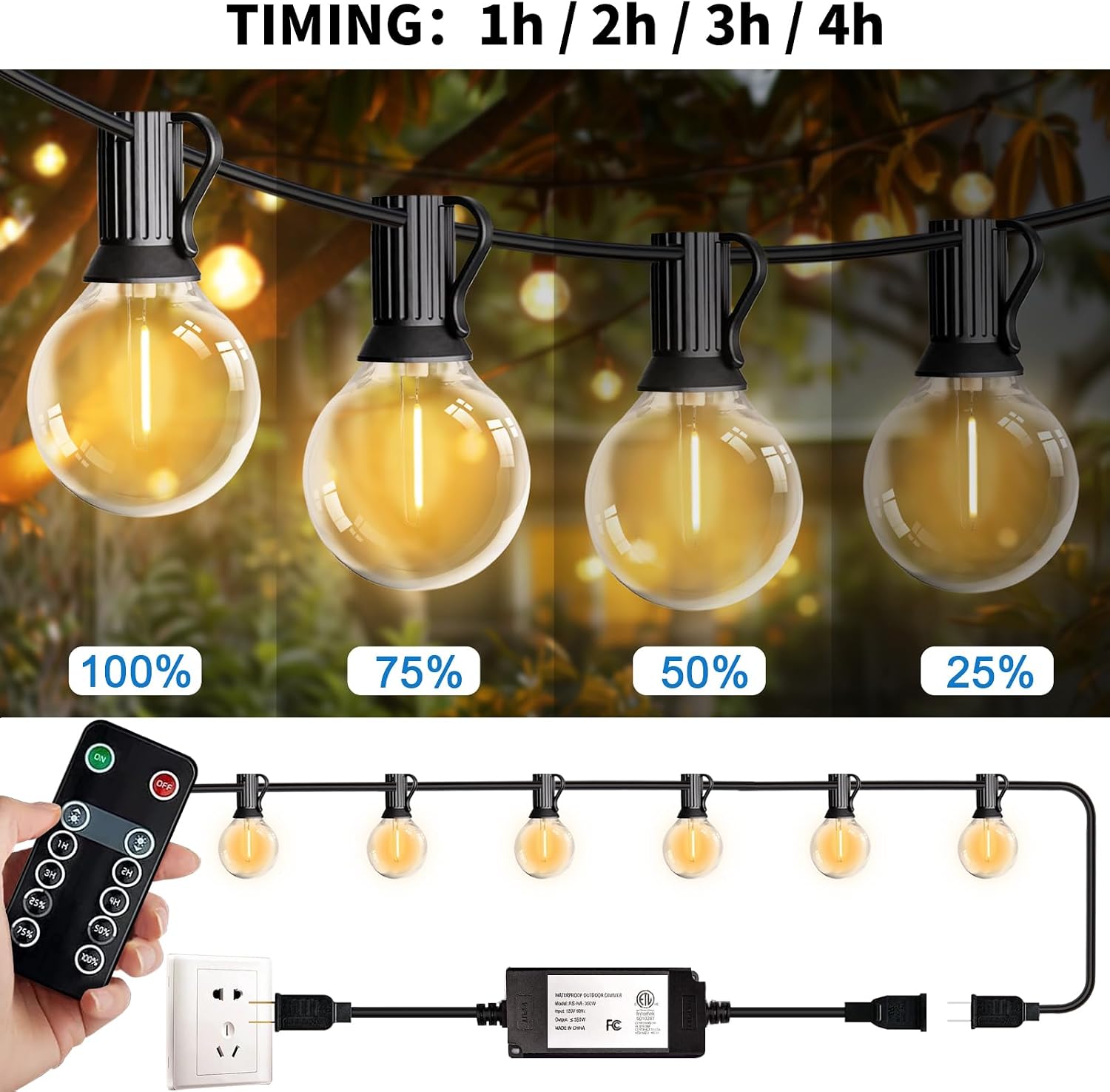 30FT Remote Control Dimmable G40 Globe String Lights