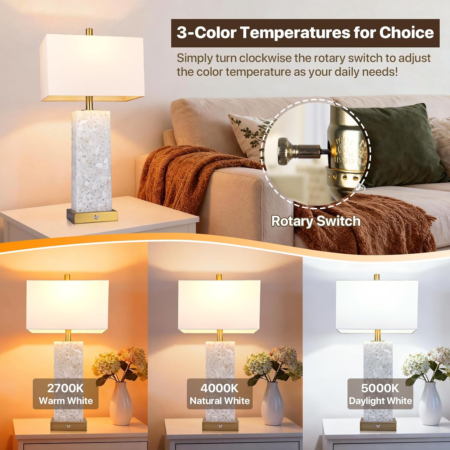 2 Alabaster Marble USB Table Lamps
