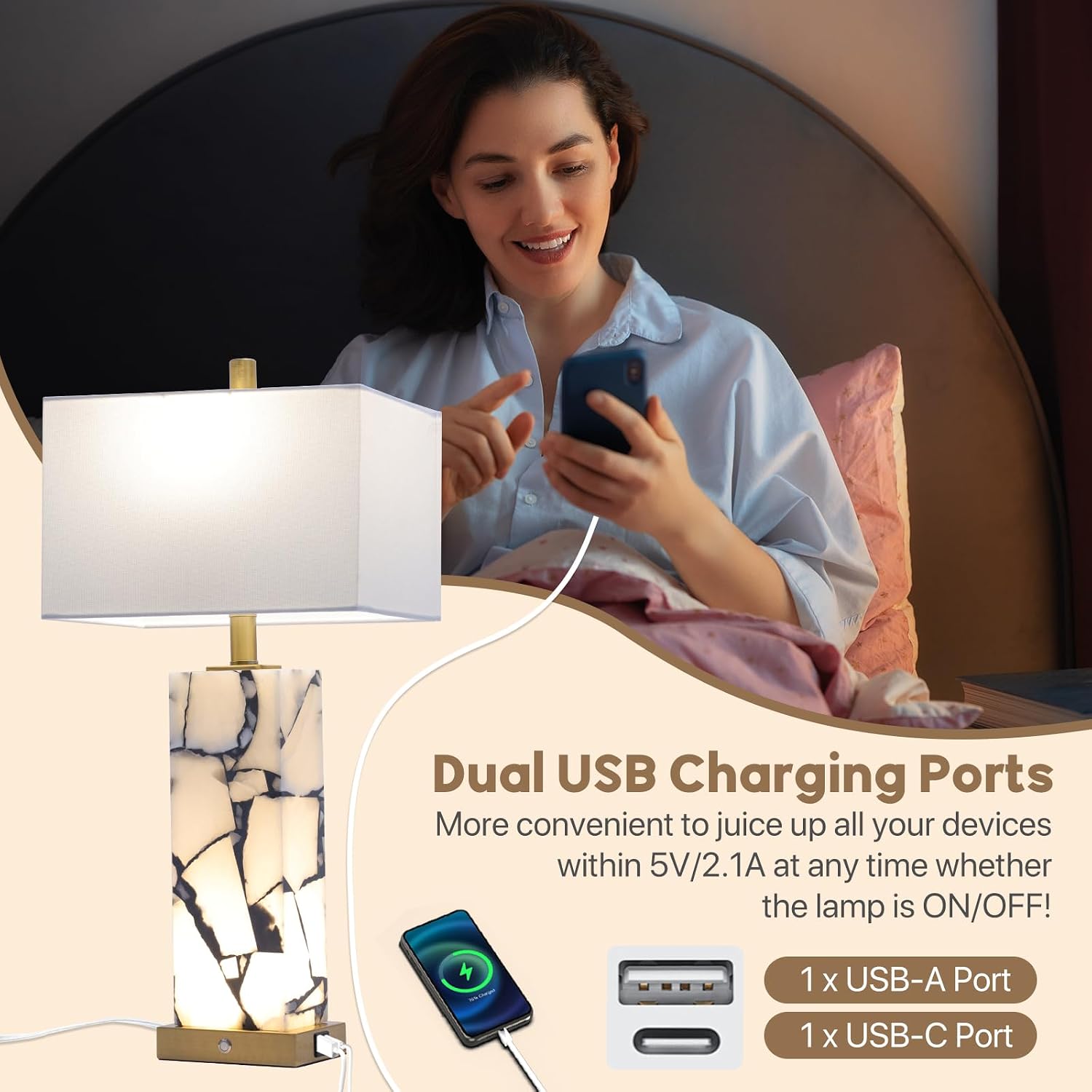 2 USB Alabaster Marble Table Lamps