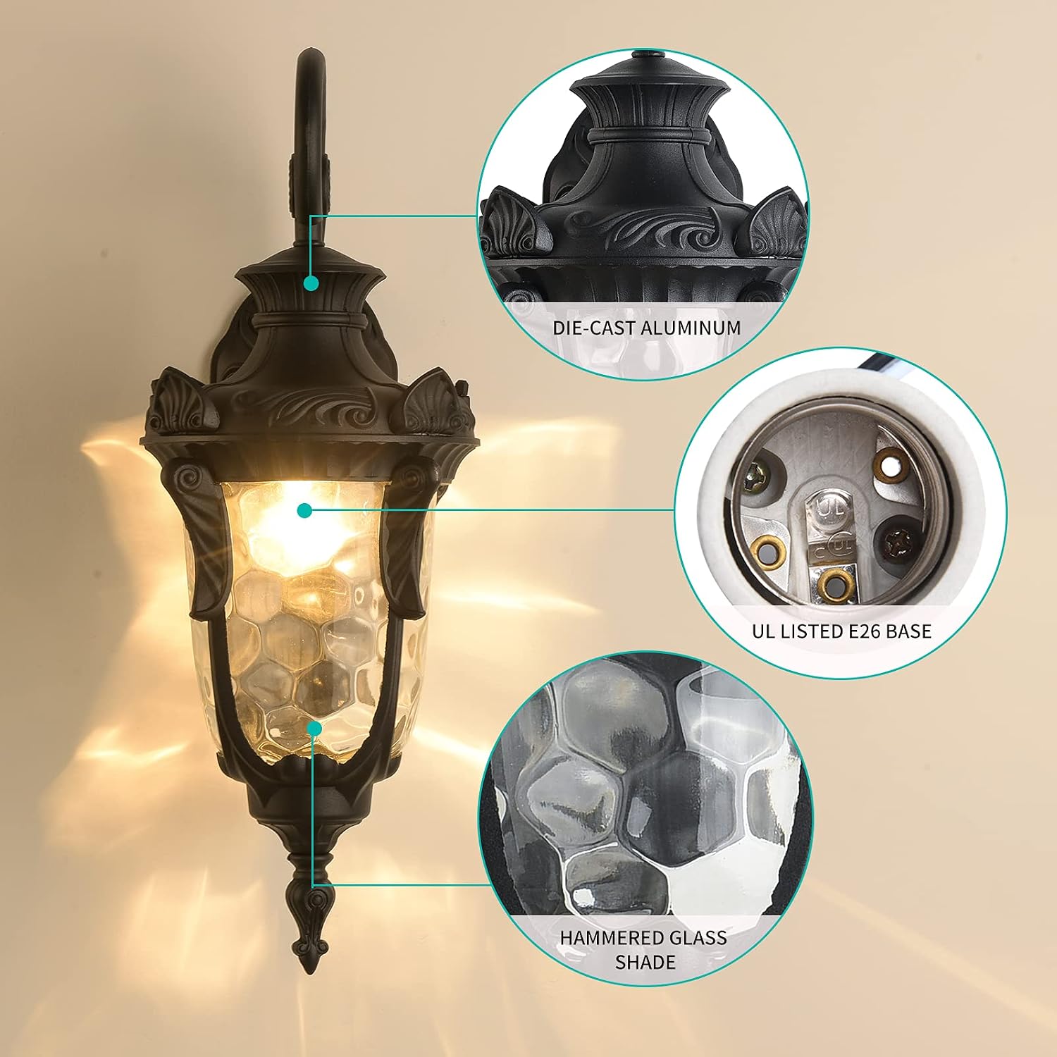 Black Hammered Glass Outdoor Wall Lantern