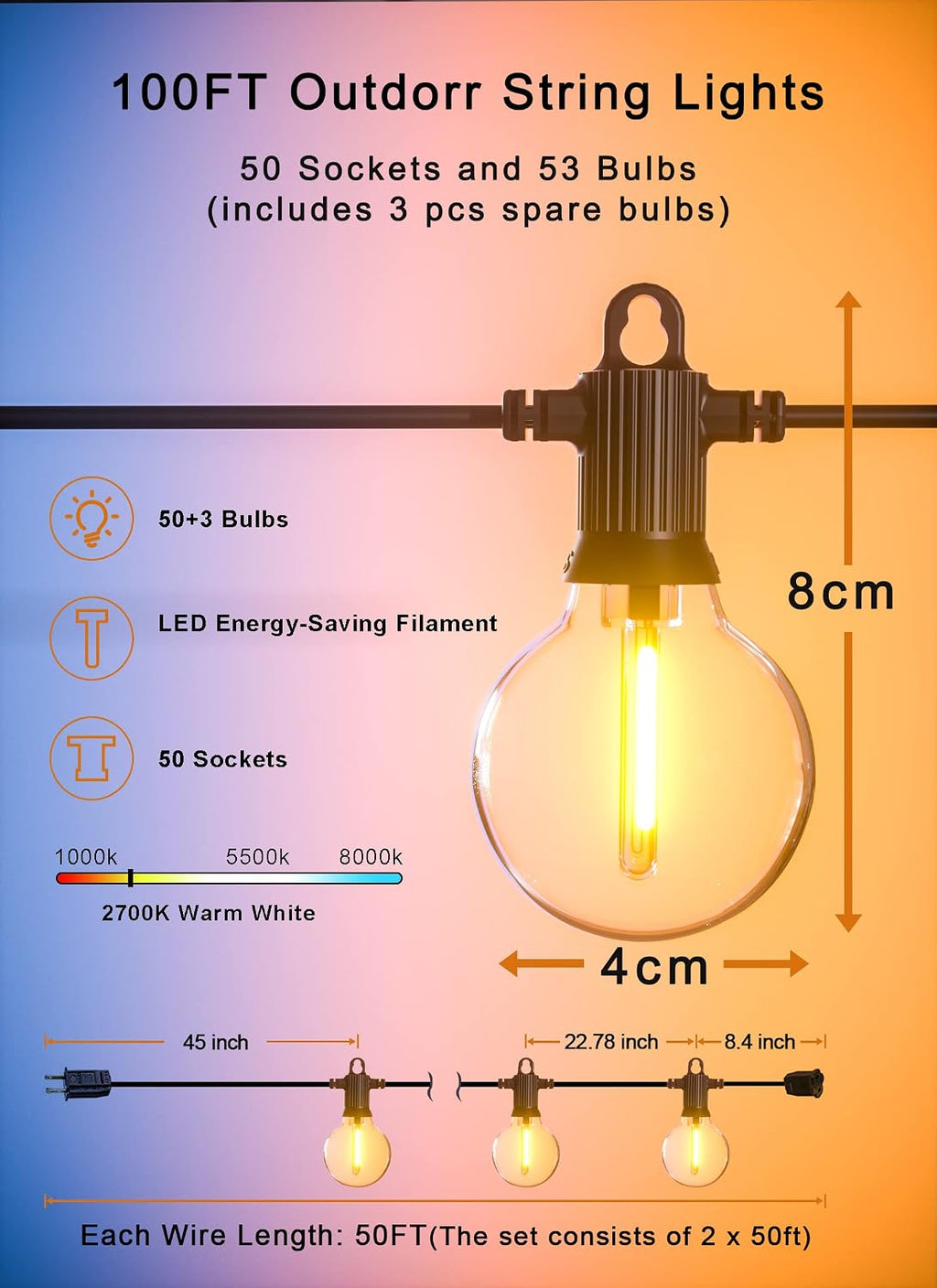 100FT Dimmable G40 Globe Patio String Lights