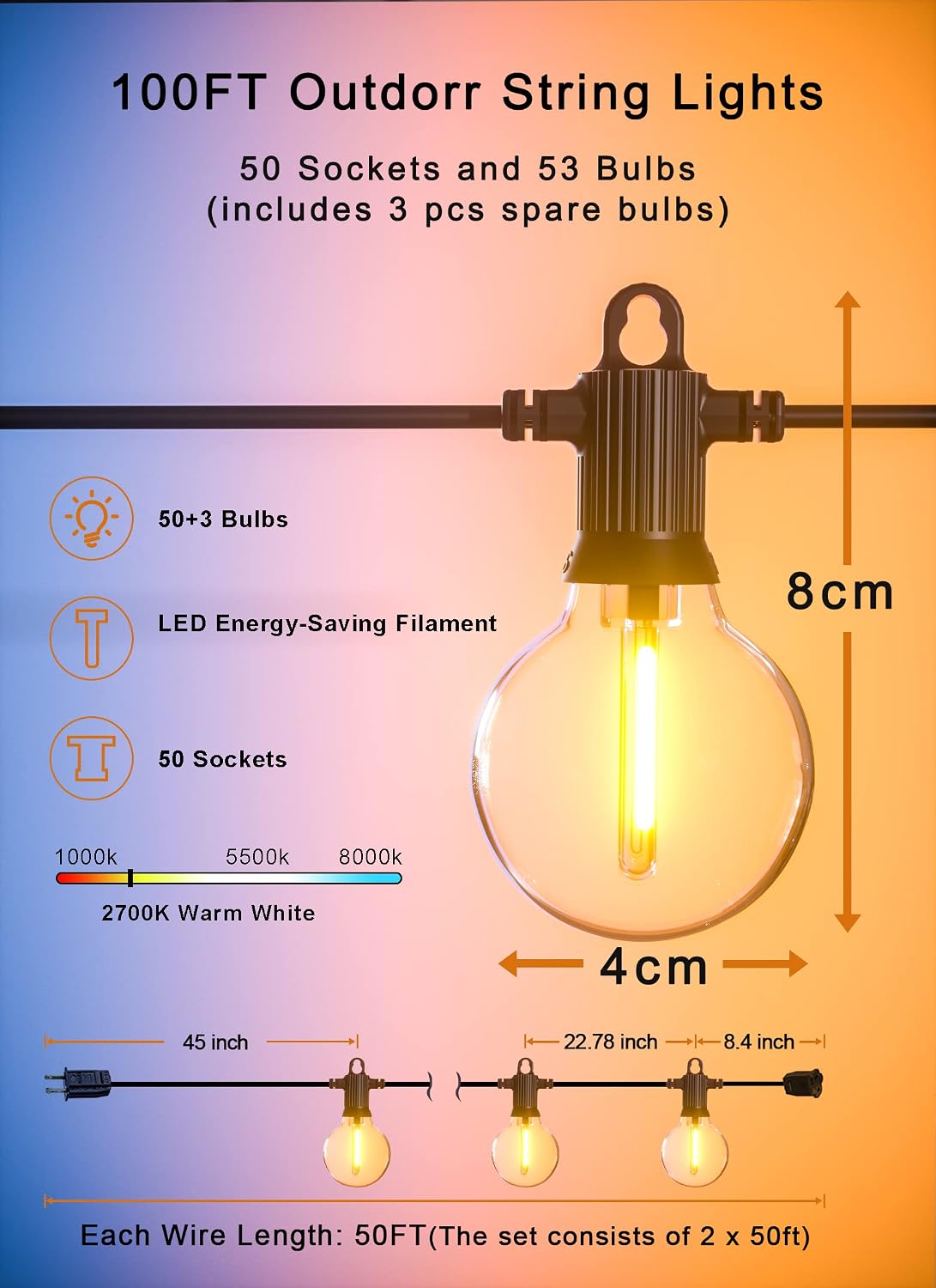 100FT Dimmable G40 Globe Patio String Lights