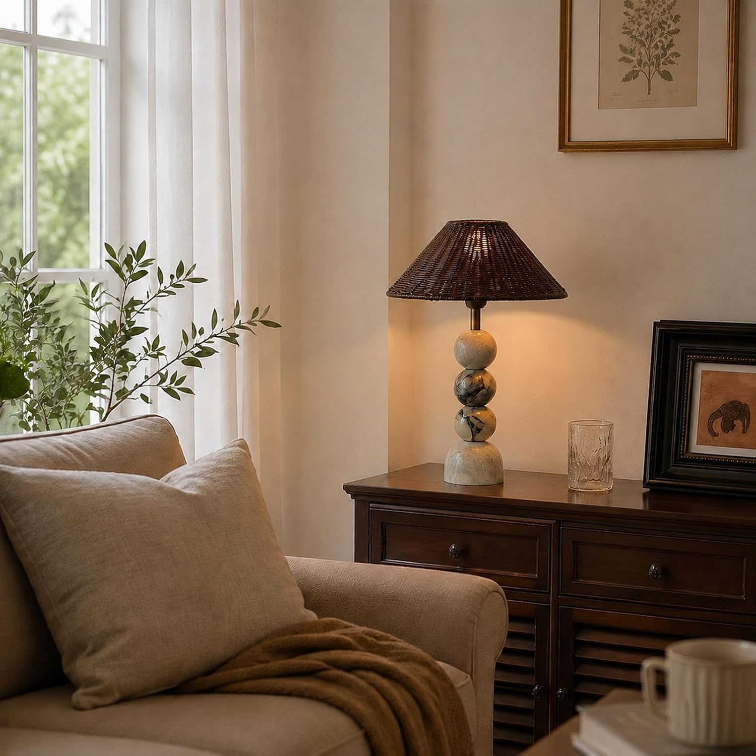 Marble Base Rattan Shade Table Lamp