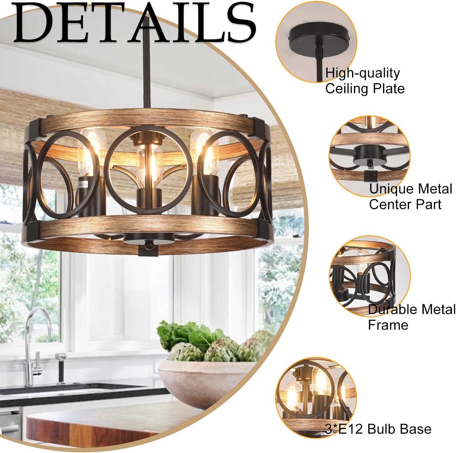 3-Light Rustic Drum Ceiling Light