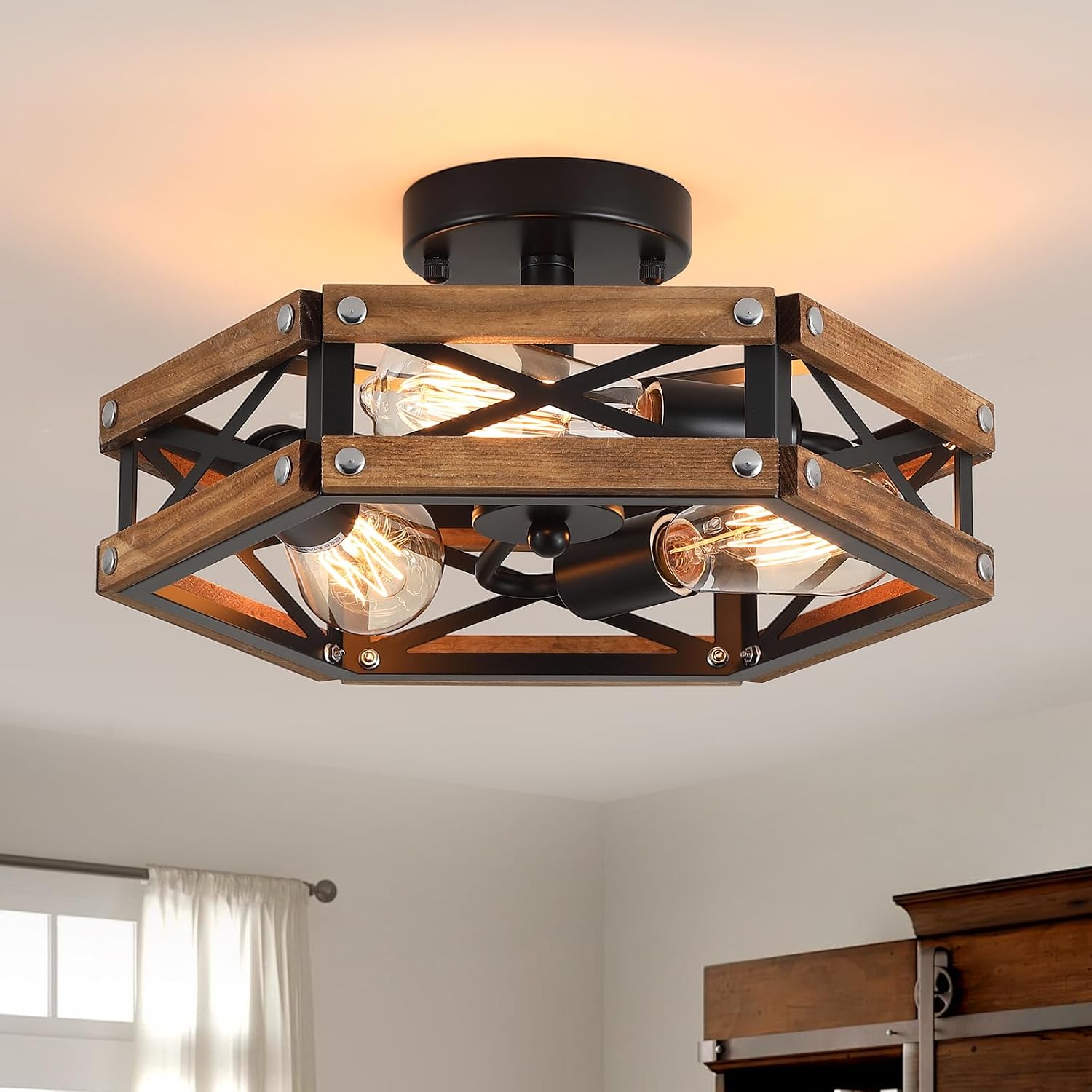 3-Light Wood Cage Ceiling Light