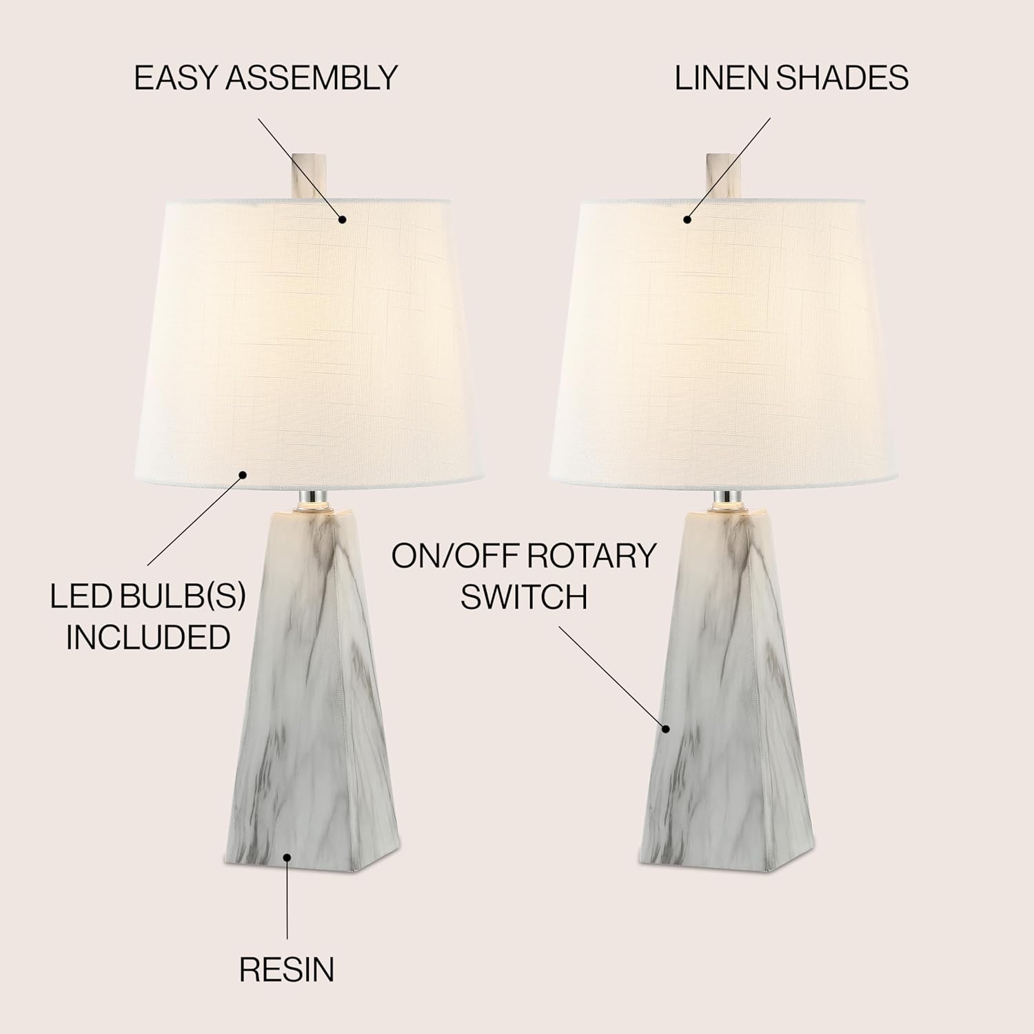 2 White Marble Modern Table Lamps