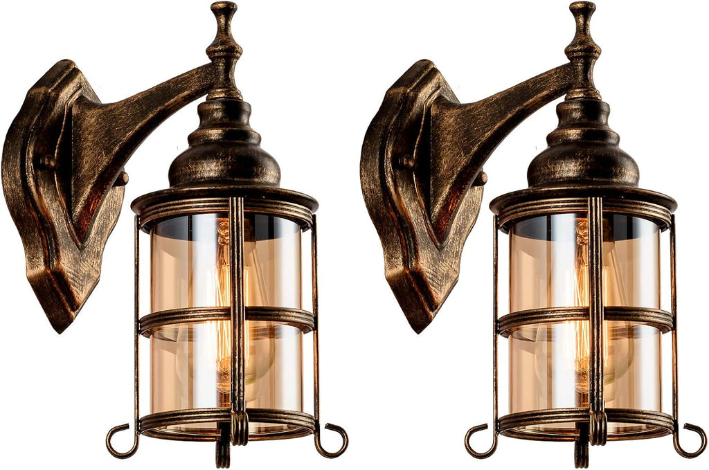 2 Bronze Amber Glass Wall Sconces
