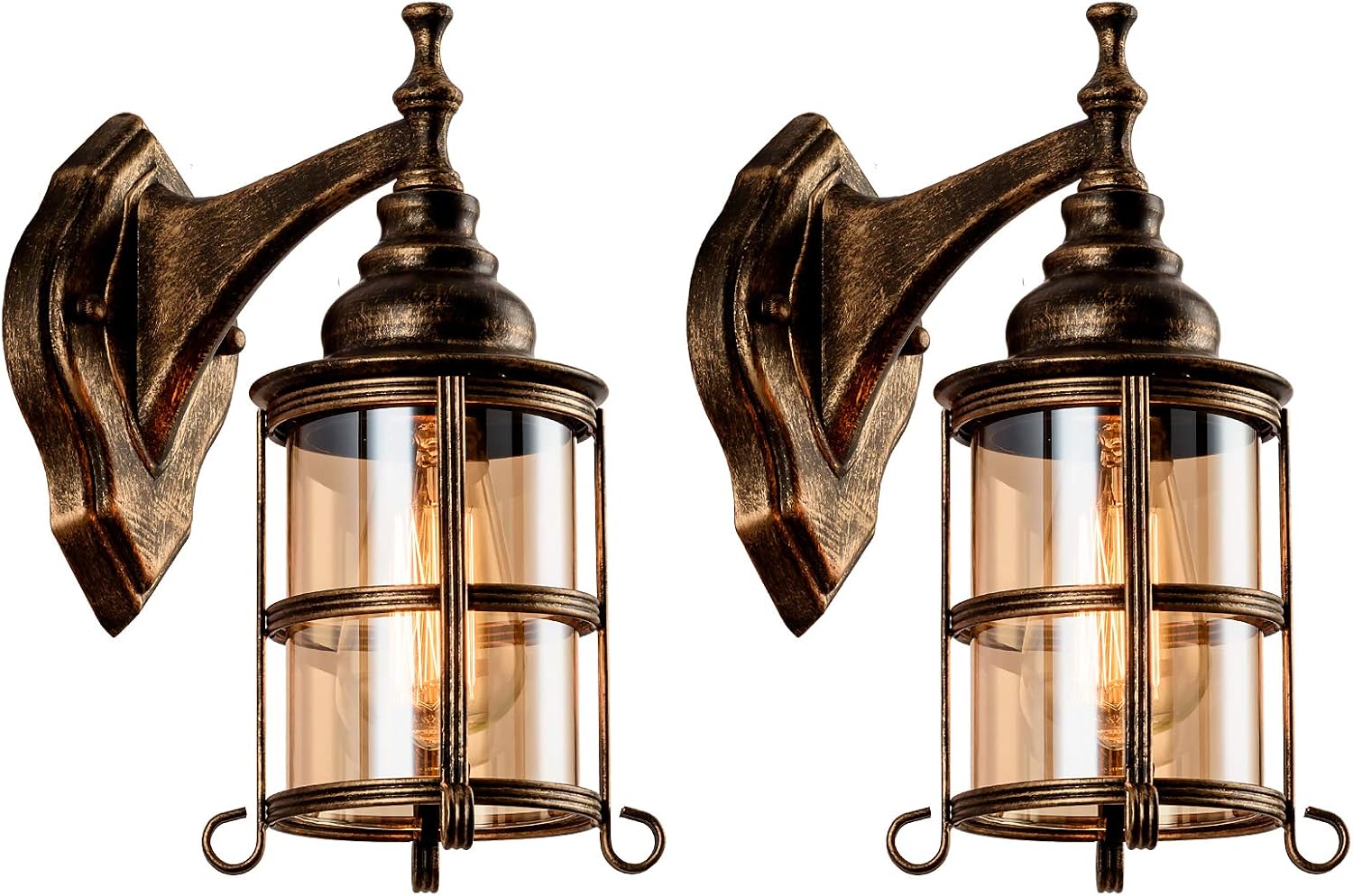 2 Bronze Amber Glass Wall Sconces