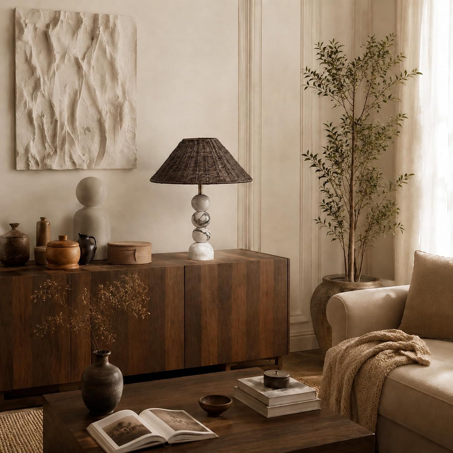 Marble Base Rattan Shade Table Lamp