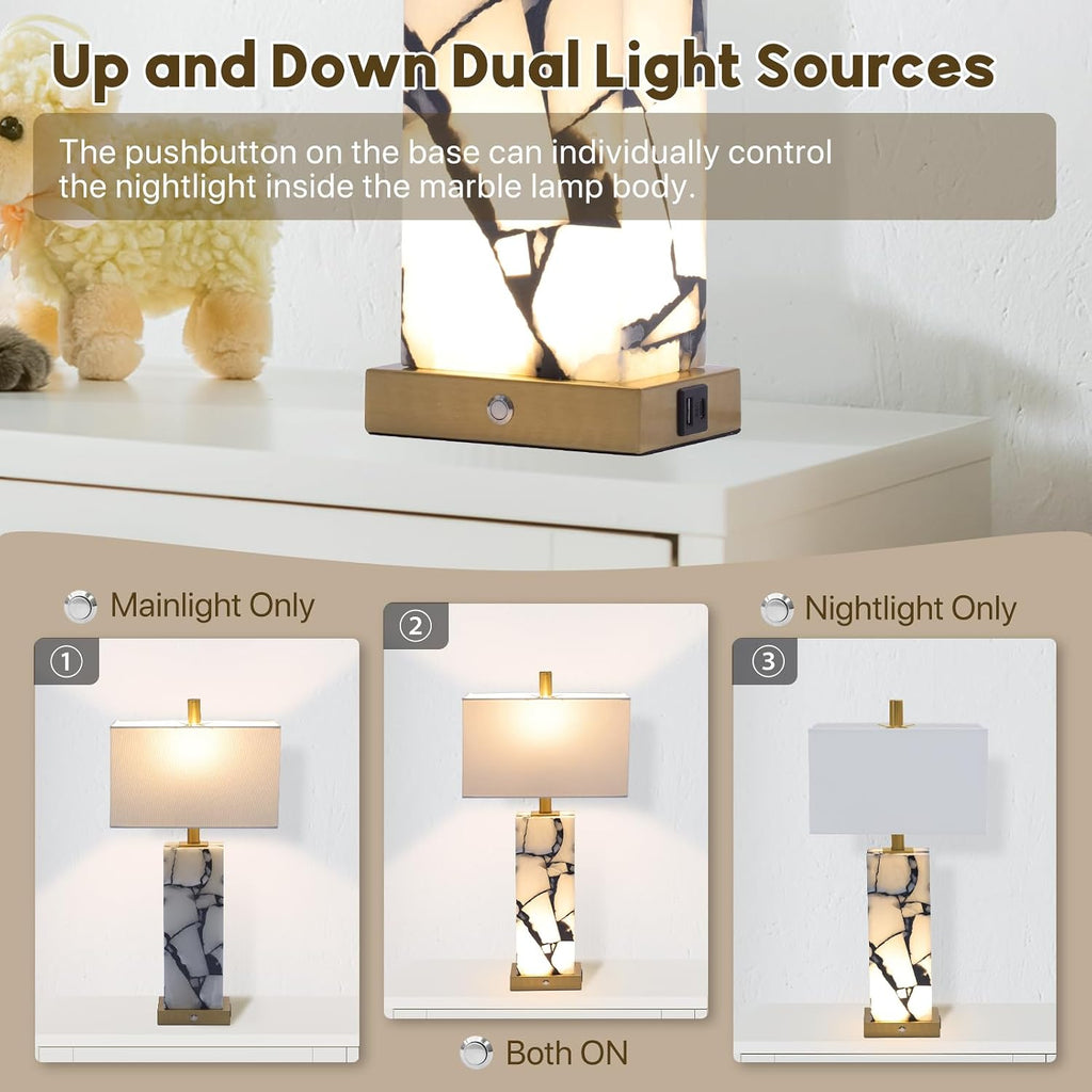 2 USB Alabaster Marble Table Lamps