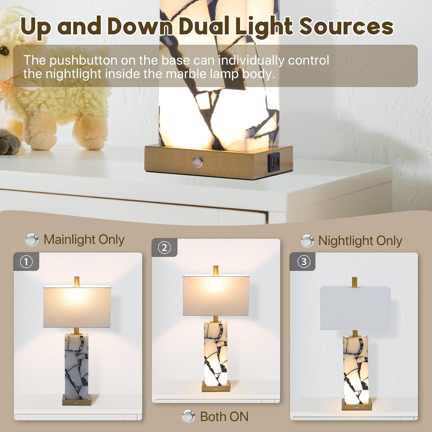 2 USB Alabaster Marble Table Lamps