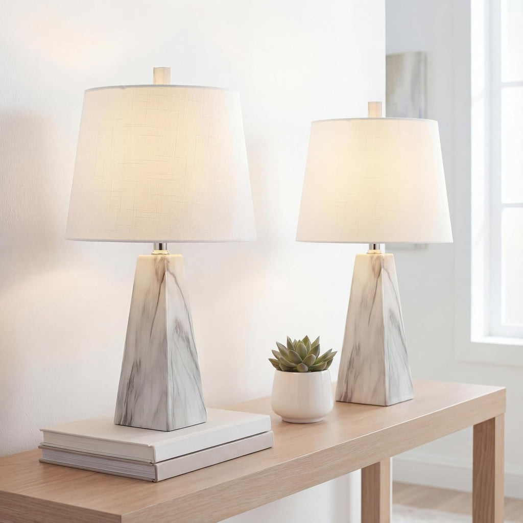 2 White Marble Modern Table Lamps