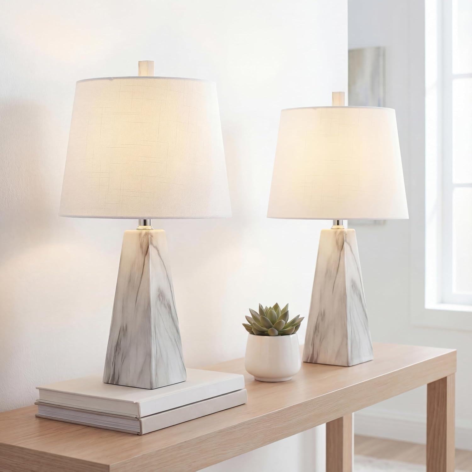 2 White Marble Modern Table Lamps