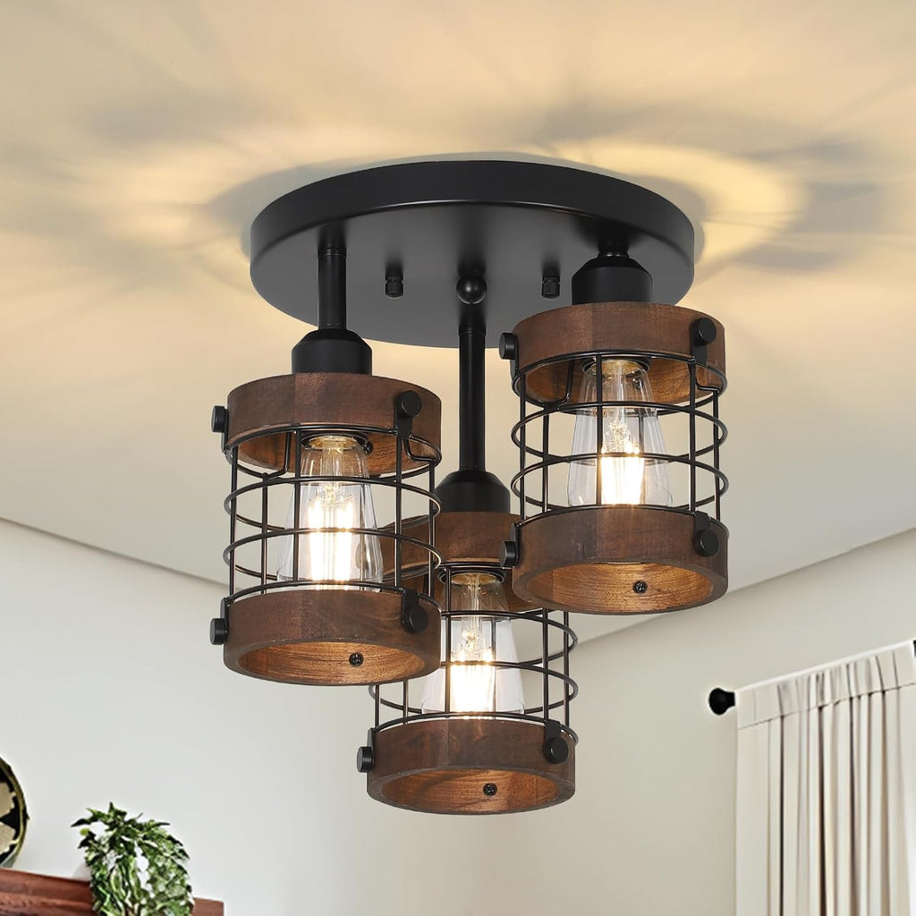 3-Light Wood Cage Ceiling Light
