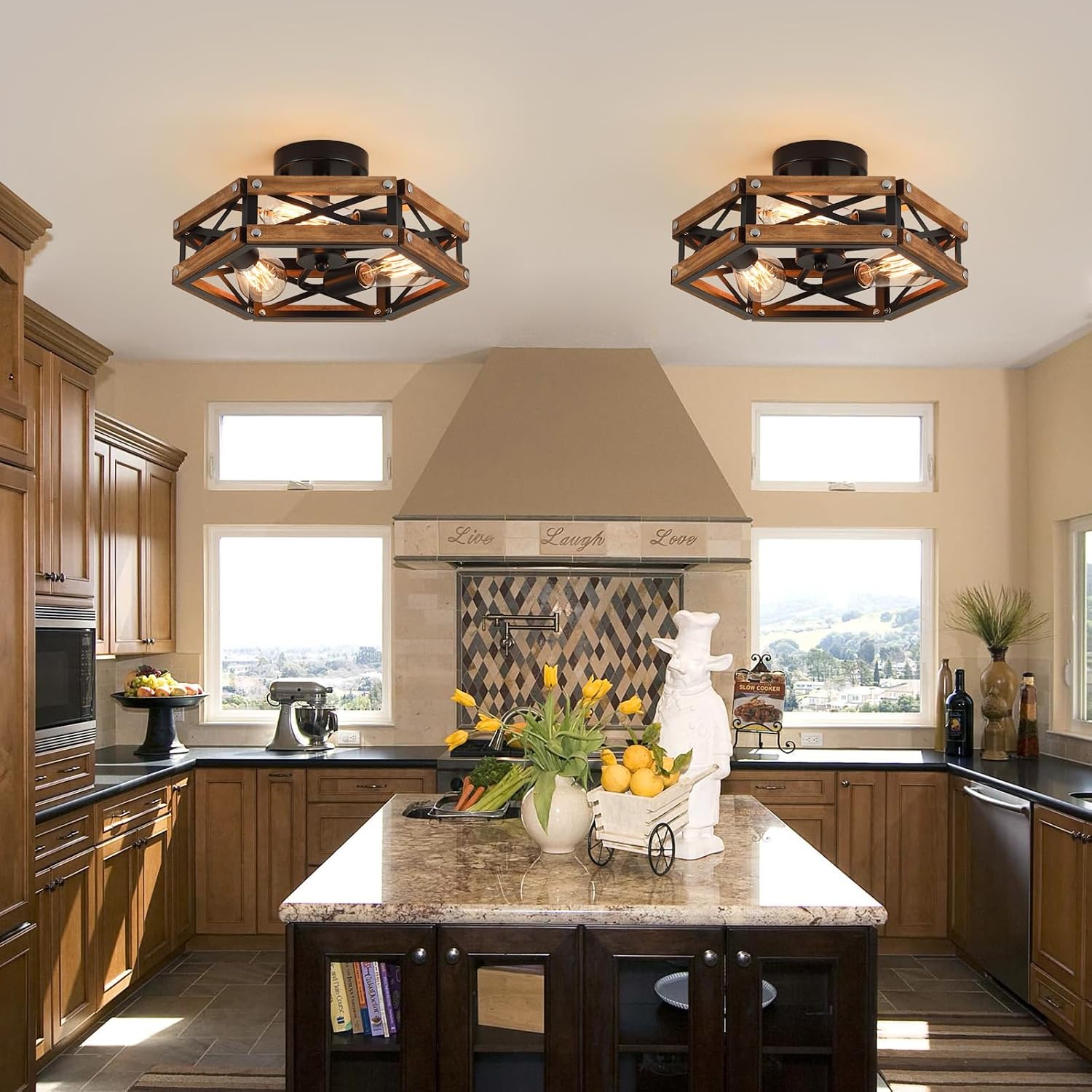 3-Light Wood Cage Ceiling Light
