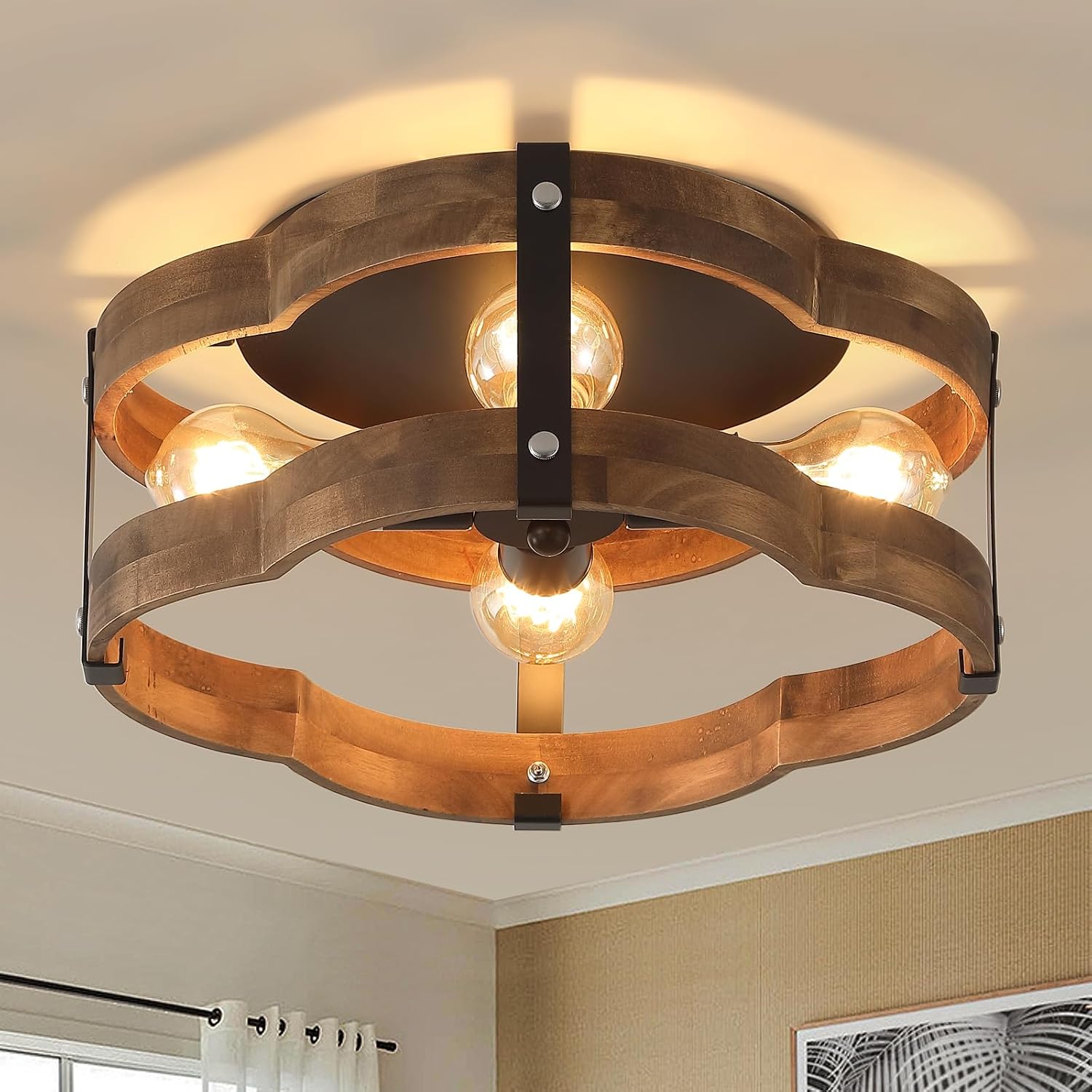 4-Light Wood Cage Farmhouse Ceiling Light