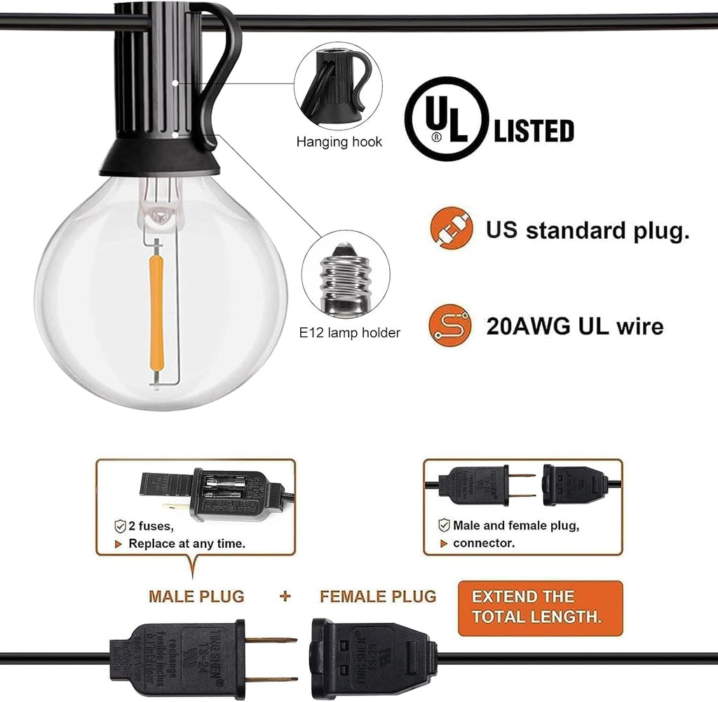 30FT Remote Control Dimmable G40 Globe String Lights