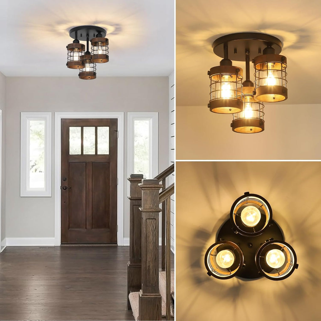 3-Light Wood Cage Ceiling Light