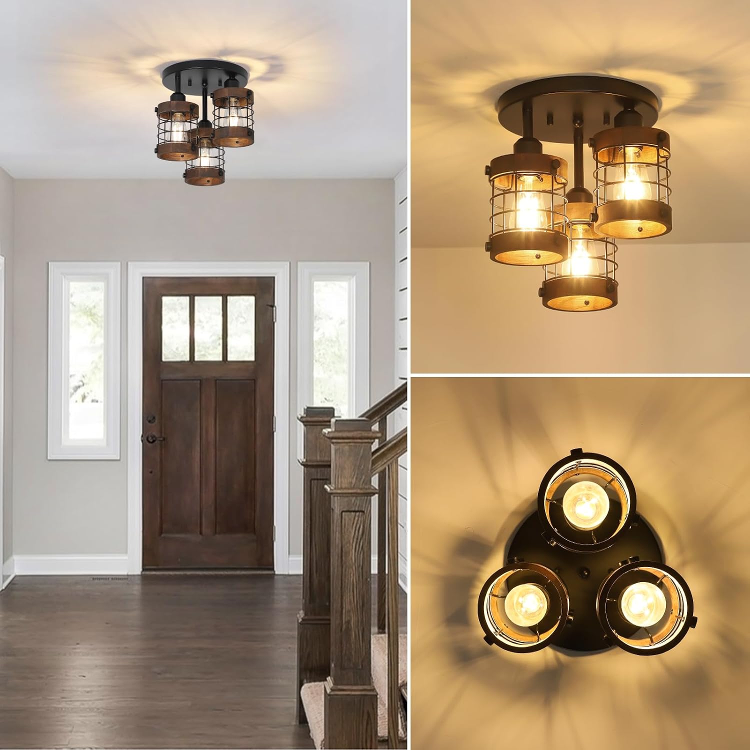 3-Light Wood Cage Ceiling Light
