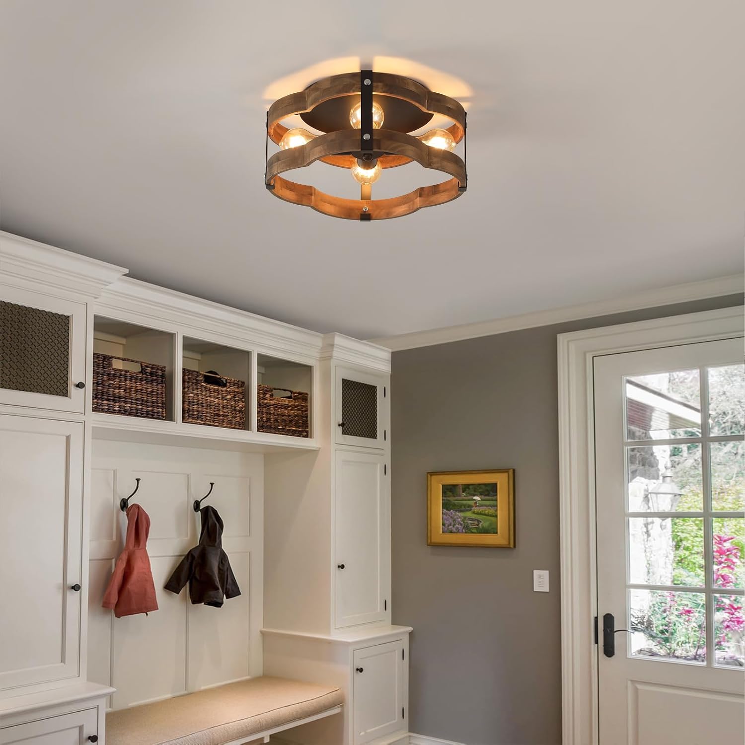 4-Light Wood Cage Farmhouse Ceiling Light