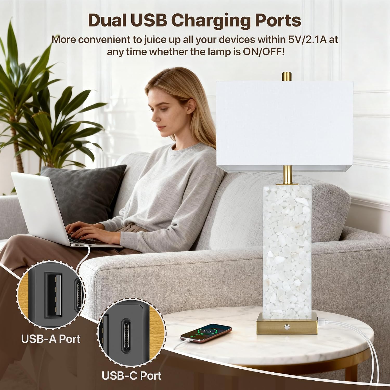 2 Alabaster Marble USB Table Lamps