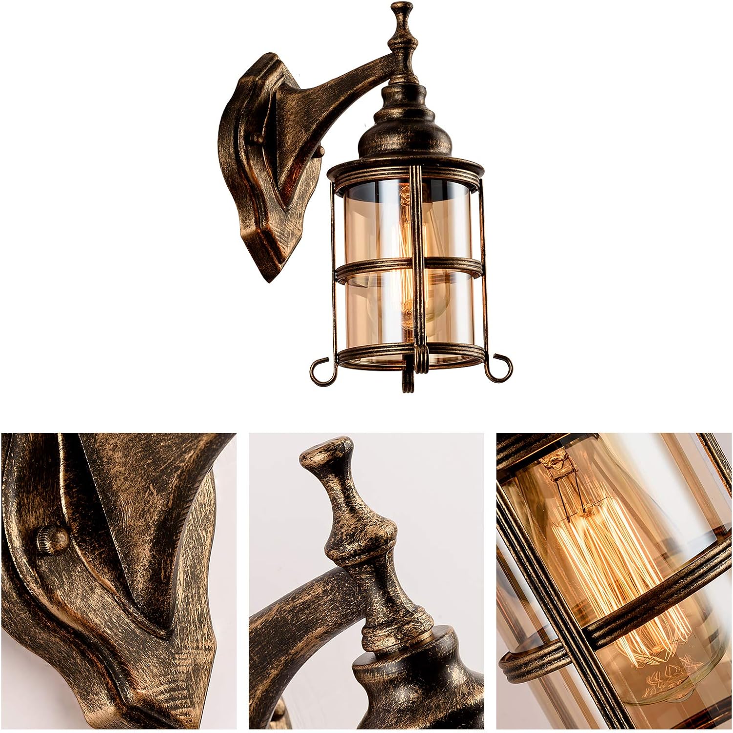 2 Bronze Amber Glass Wall Sconces