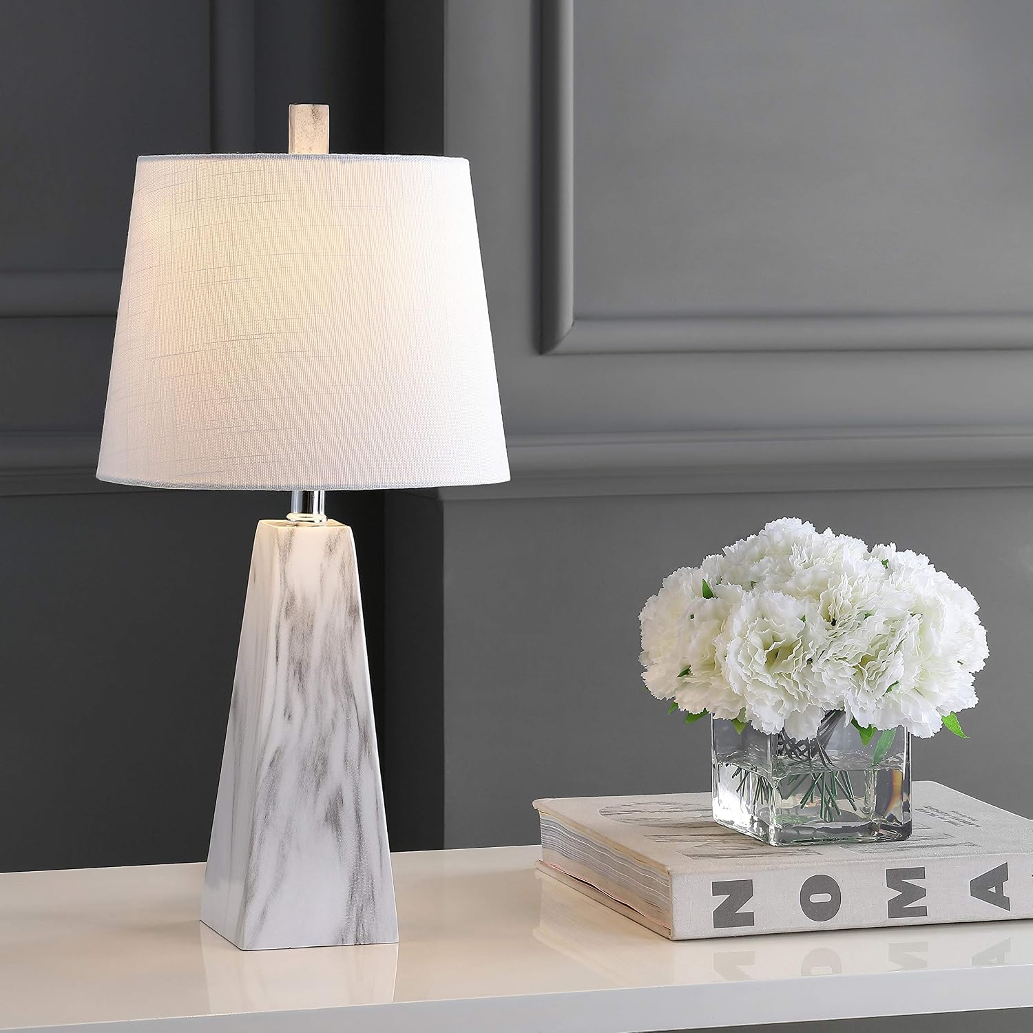 White Marble Faceted Linen Shade Table Lamp