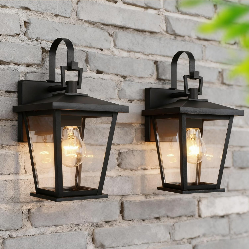 2 Black Clear Glass Outdoor Lanterns