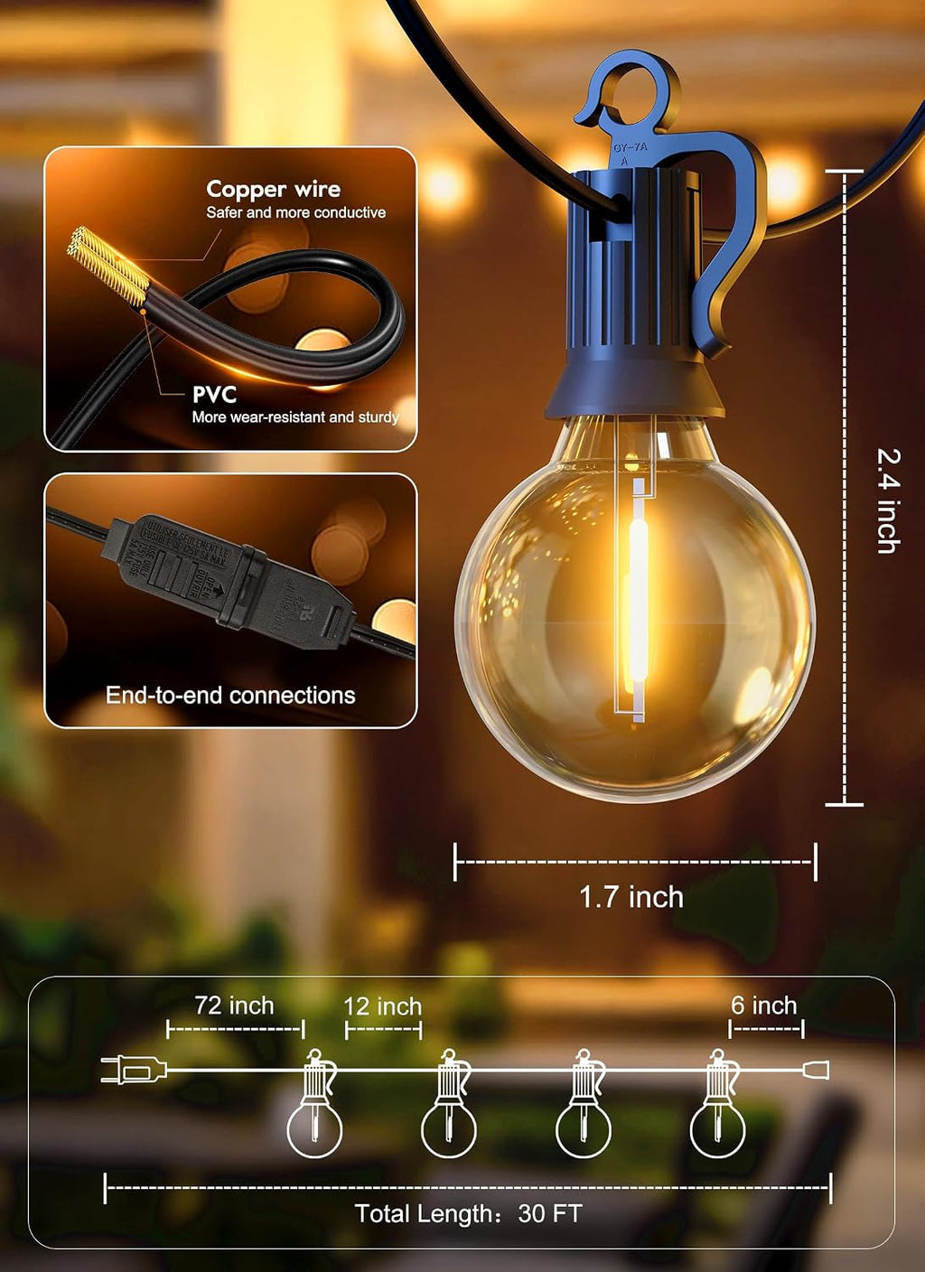 30FT Warm White Shatterproof Patio String Lights