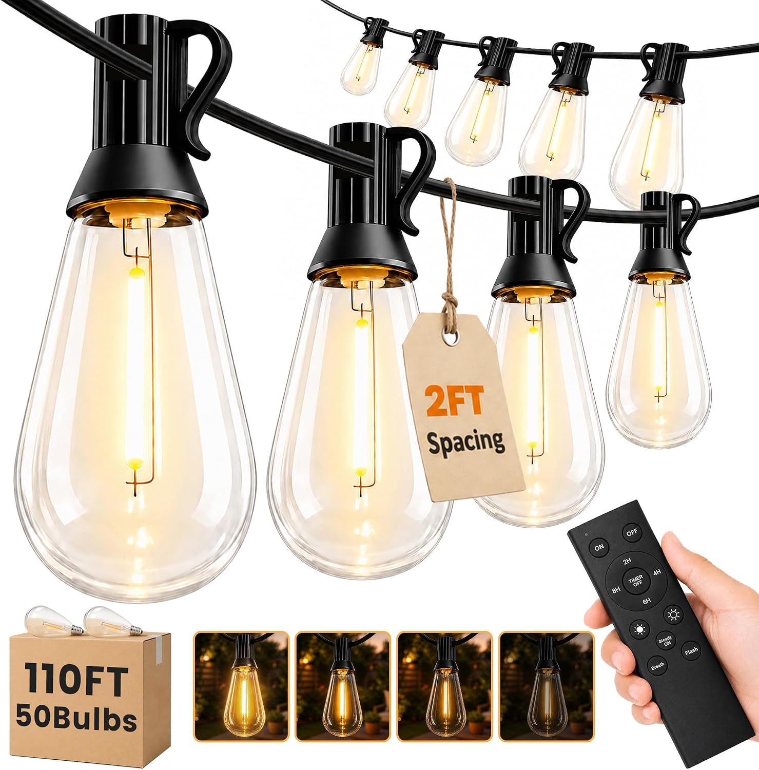 110FT Dimmable LED Outdoor Globe String Lights